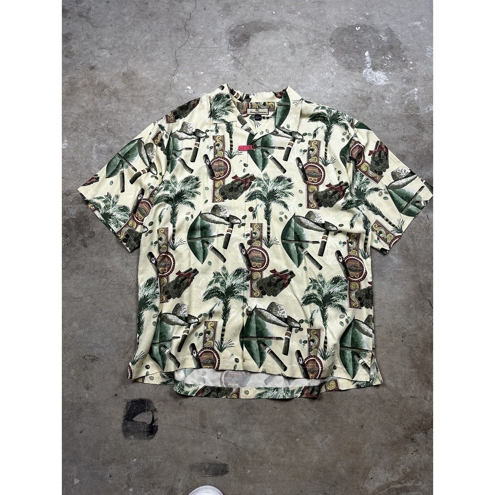 Tommy Bahama Aloha Shirt Mens Size Xl Cigar Floral Hat Print Short Sleeve Silk